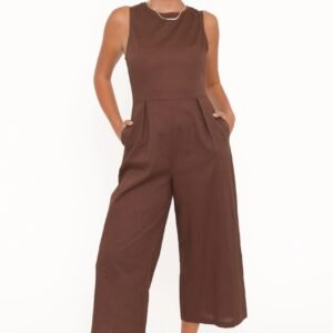 Wide Leg Jumpsuit with Round Neckline and Functional Pockets