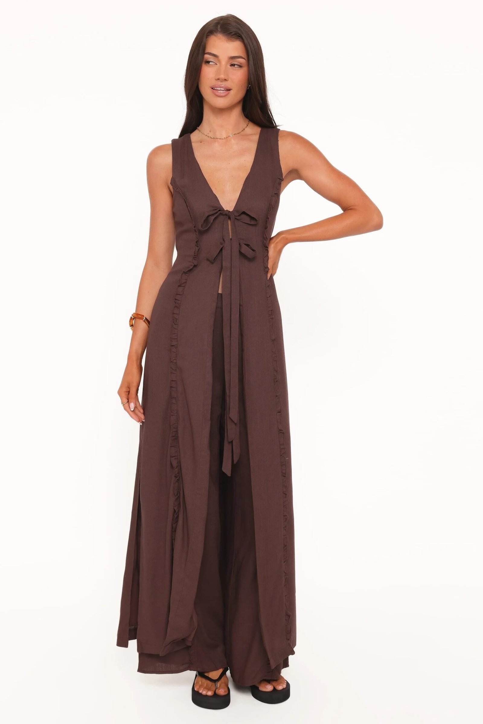 Frill Tie Front V Neck Longline Top with Wide Straps