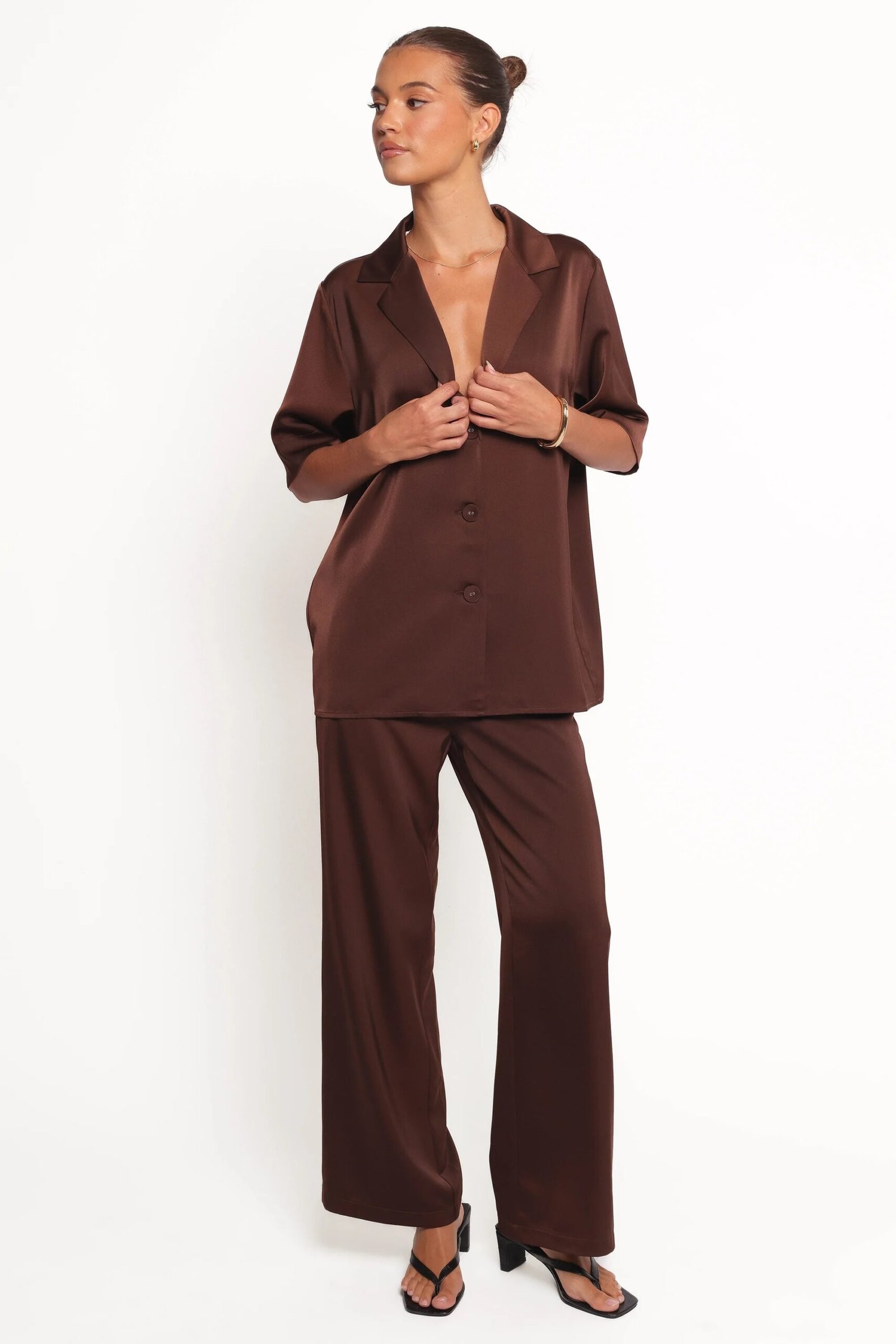 Short Sleeve Shirt with V Neck Notch Lapel Collar and Pockets
