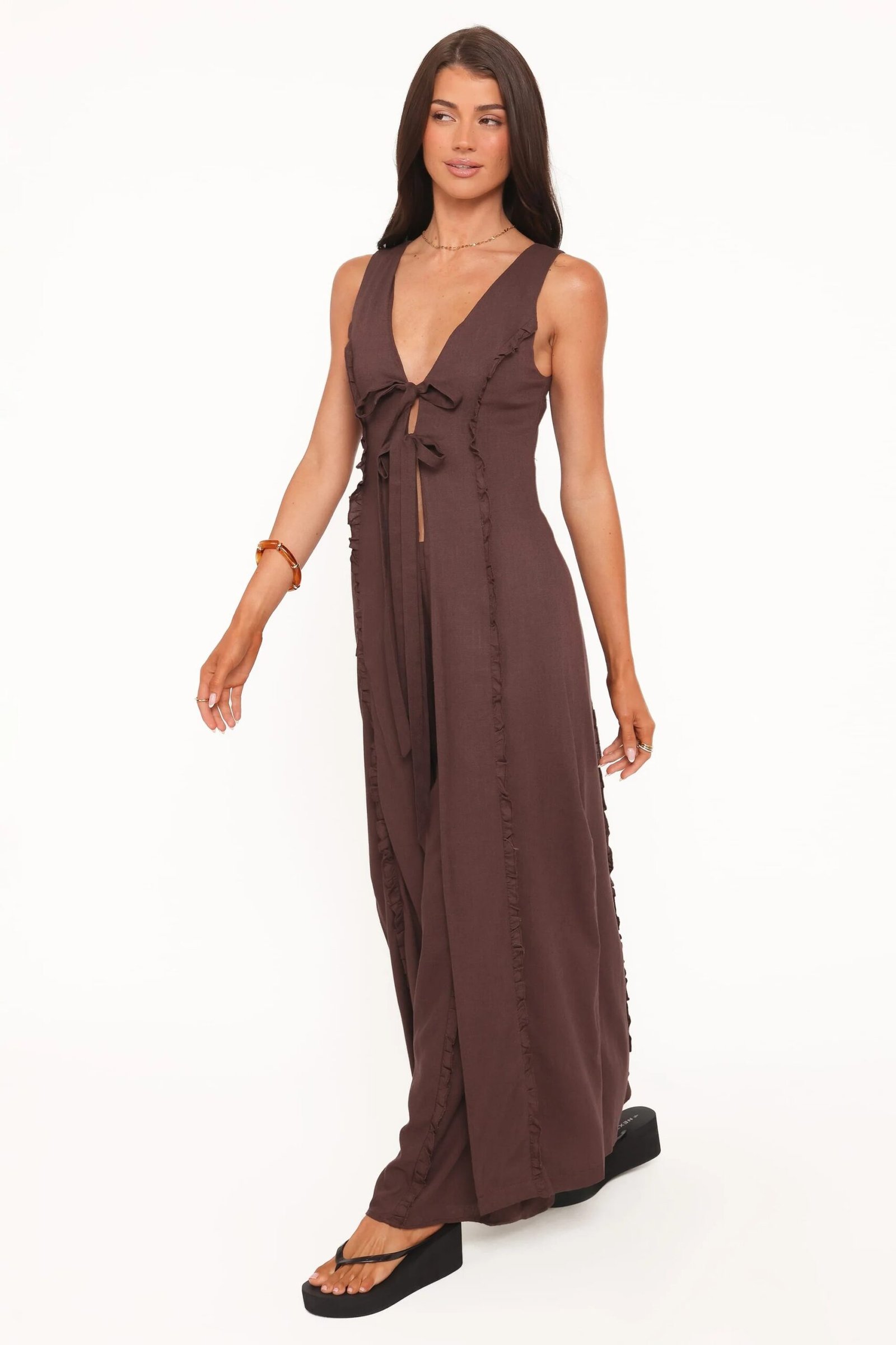 Frill Tie Front V Neck Longline Top with Wide Straps - Image 6