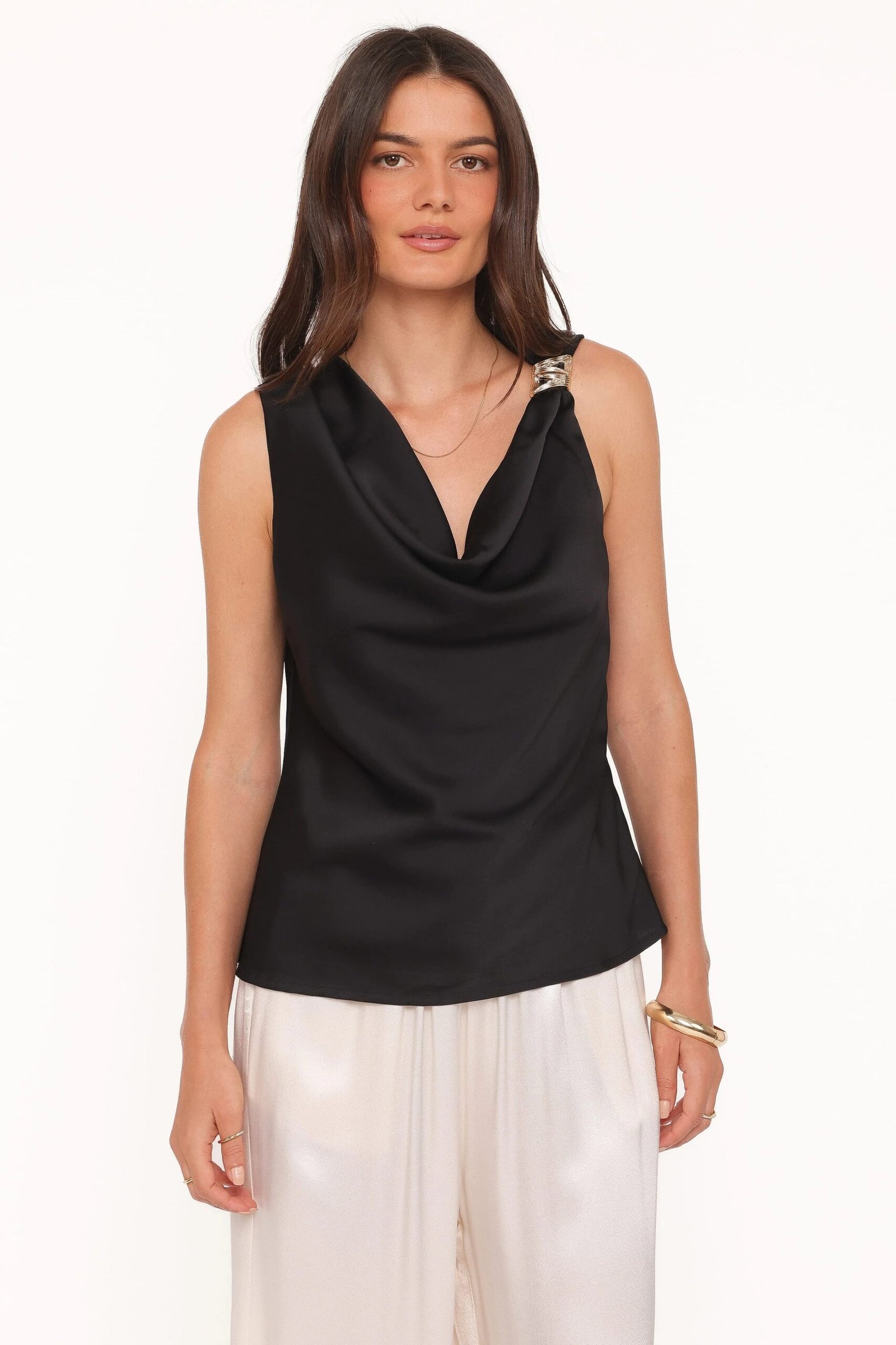 Cowl Neck Satin Feel Top with Sleeveless Design - Image 3