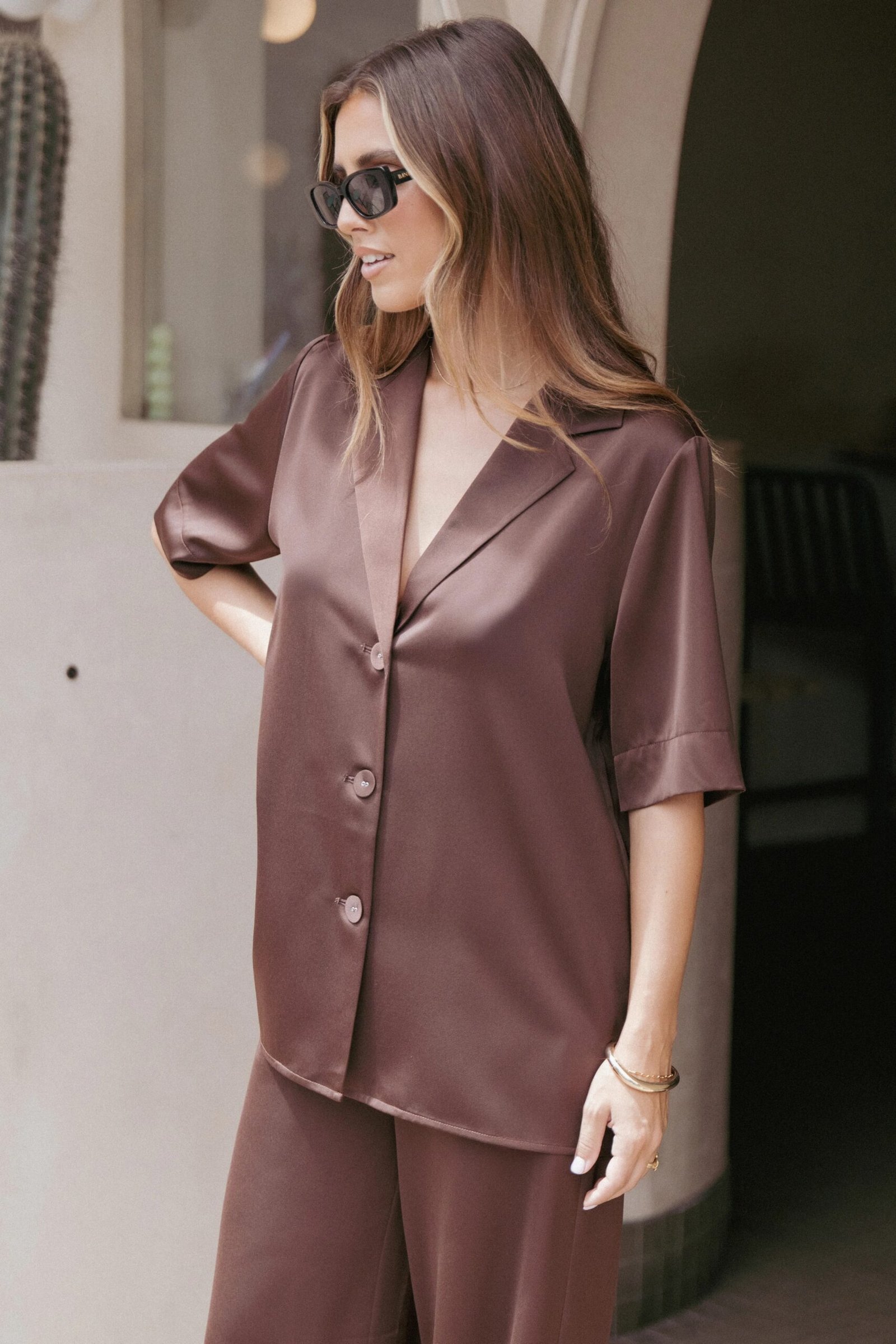 Short Sleeve Shirt with V Neck Notch Lapel Collar and Pockets - Image 7