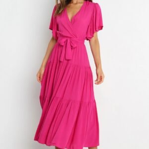 V Neck Midi Dress with Ruffle Sleeves and Waist Tie