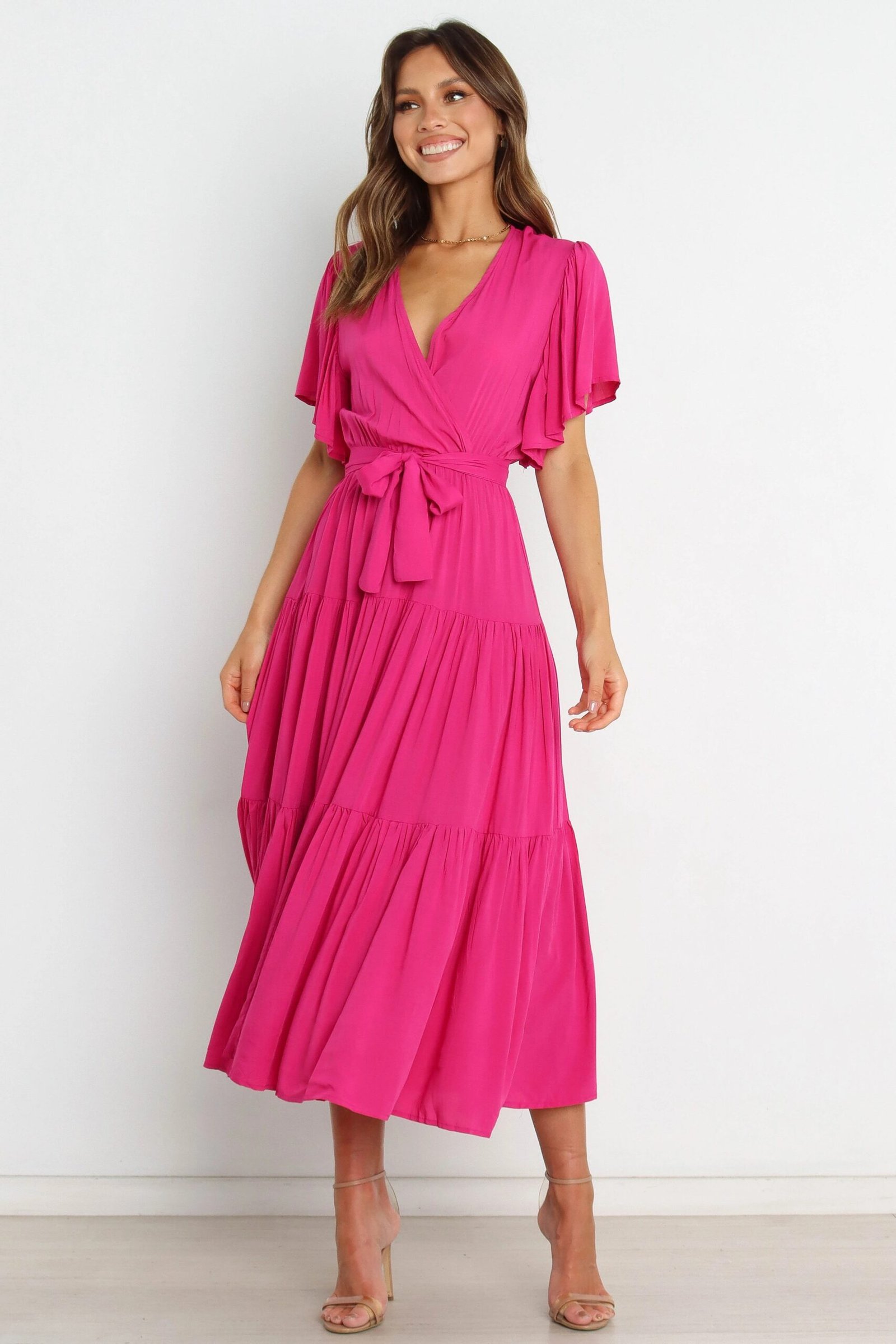 V Neck Midi Dress with Ruffle Sleeves and Waist Tie