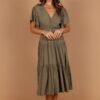 V Neck Midi Dress with Ruffle Sleeves Waist Tie Tiered Skirt