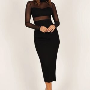 Long Sleeve Midi Dress with Mesh Top Cut Out Front Split