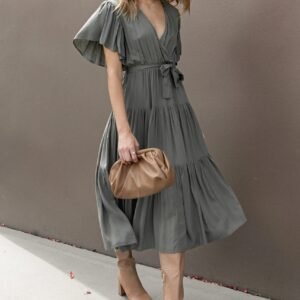 Alternative view of V Neck Midi Dress with Ruffle Sleeves Waist Tie Tiered Skirt