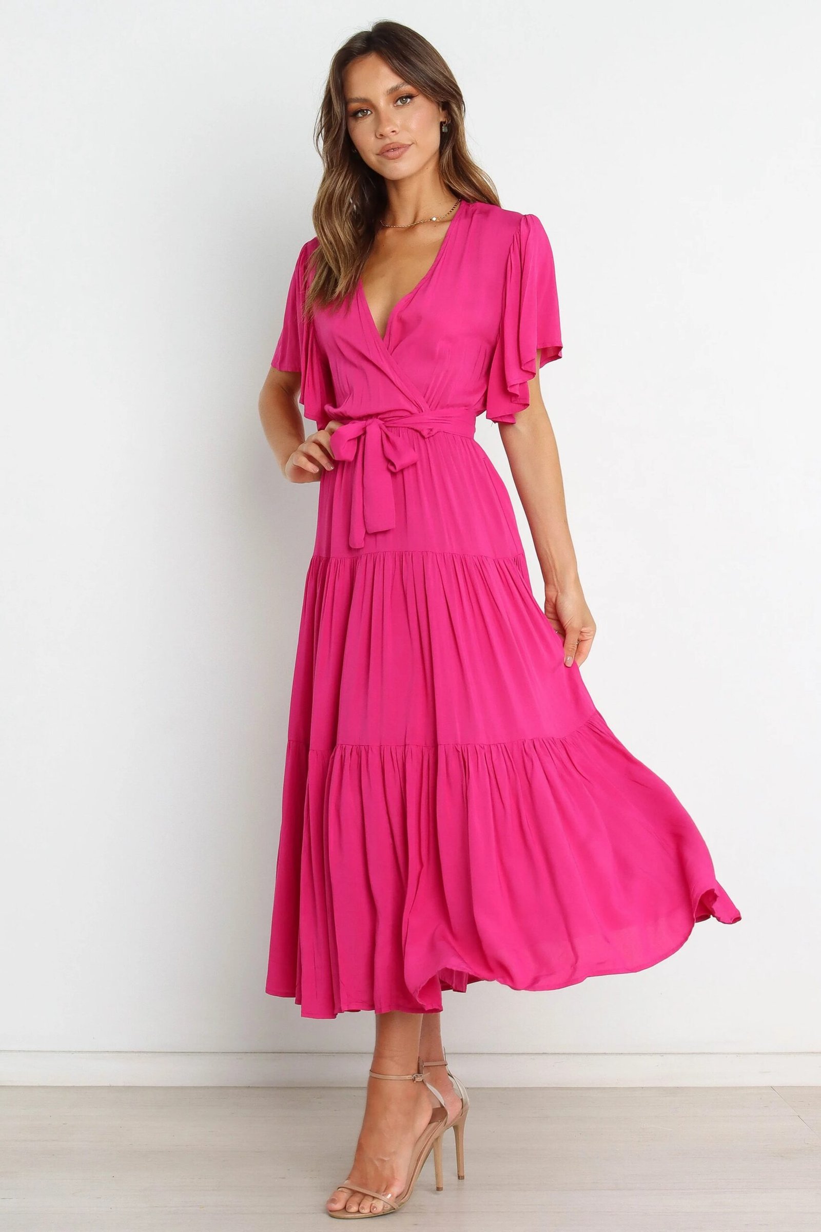 V Neck Midi Dress with Ruffle Sleeves and Waist Tie - Image 4