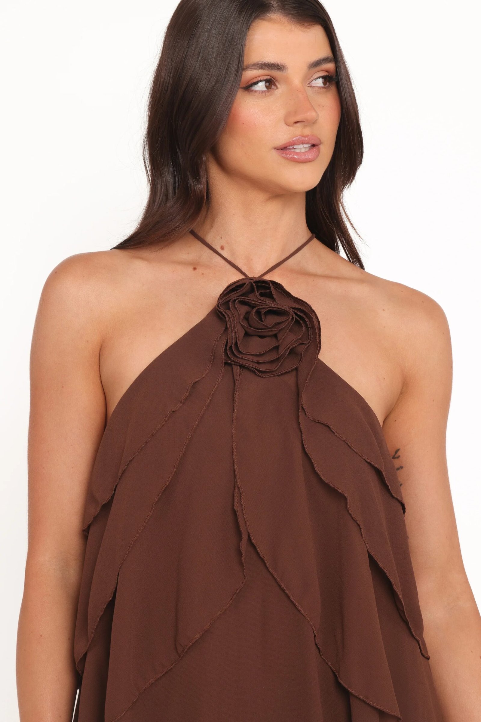 Chiffon Halter Neck Top with Ruffle Detail and Cross Back - Image 3