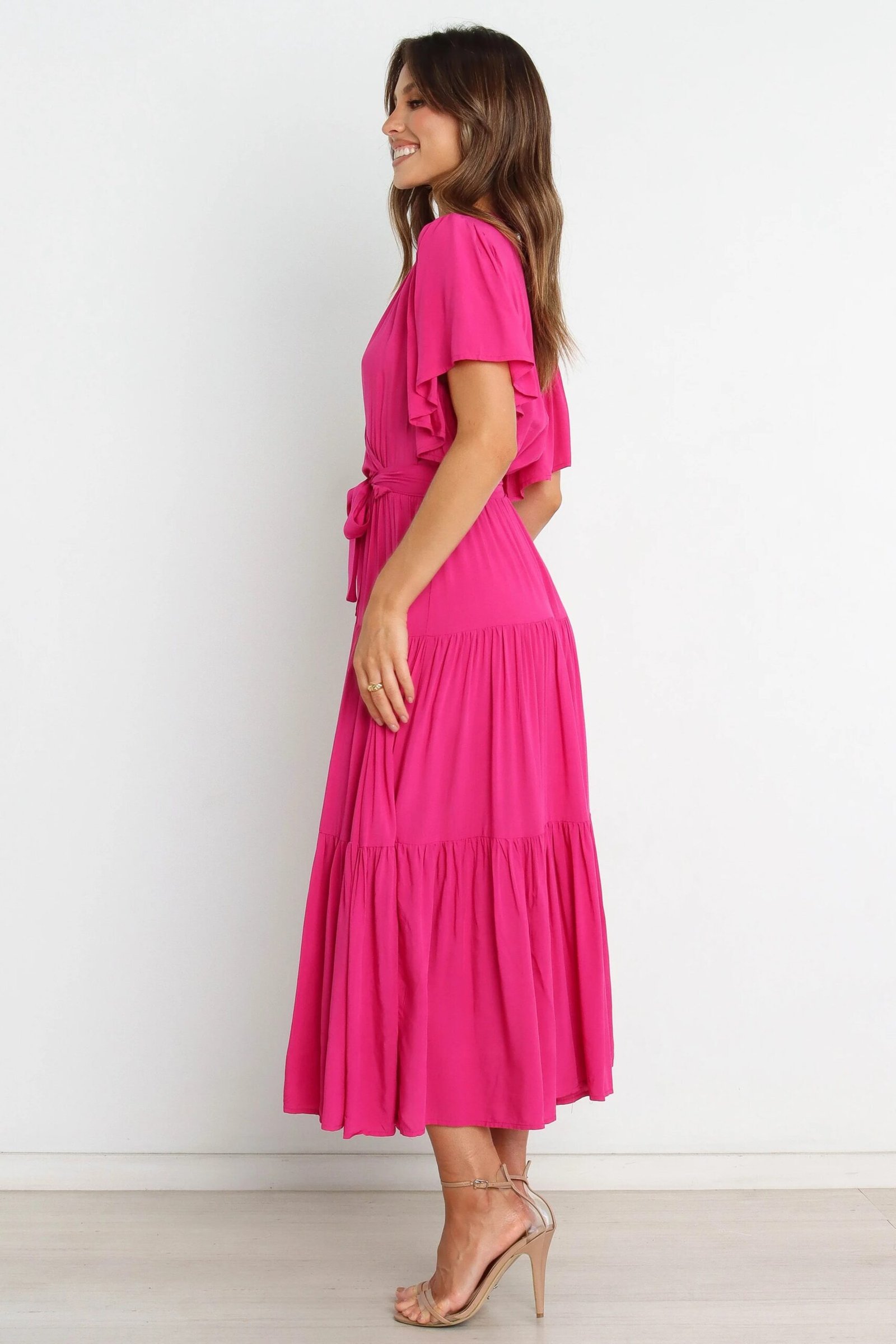 V Neck Midi Dress with Ruffle Sleeves and Waist Tie - Image 5