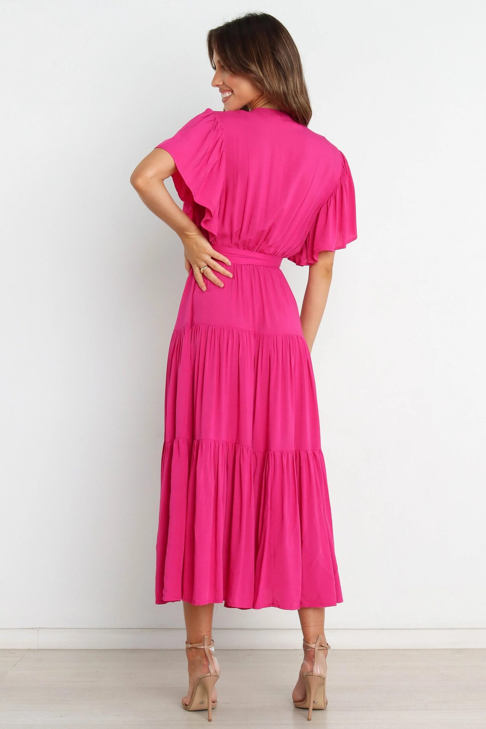 V Neck Midi Dress with Ruffle Sleeves and Waist Tie - Image 2
