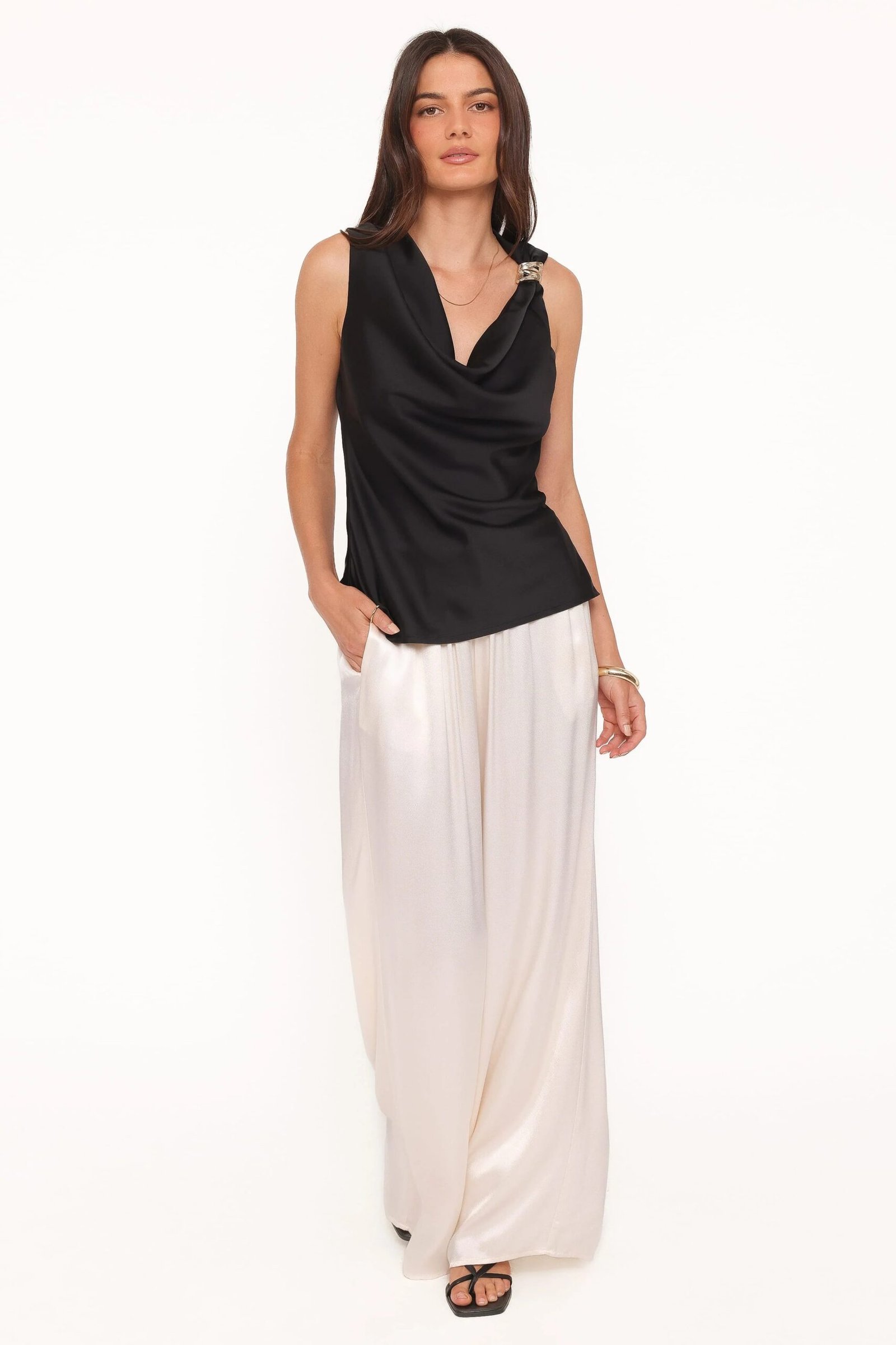 Cowl Neck Satin Feel Top with Sleeveless Design