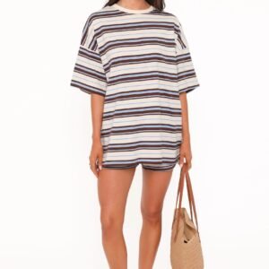 Striped Oversized Tee and High Rise Shorts Set with Drawstring Waist