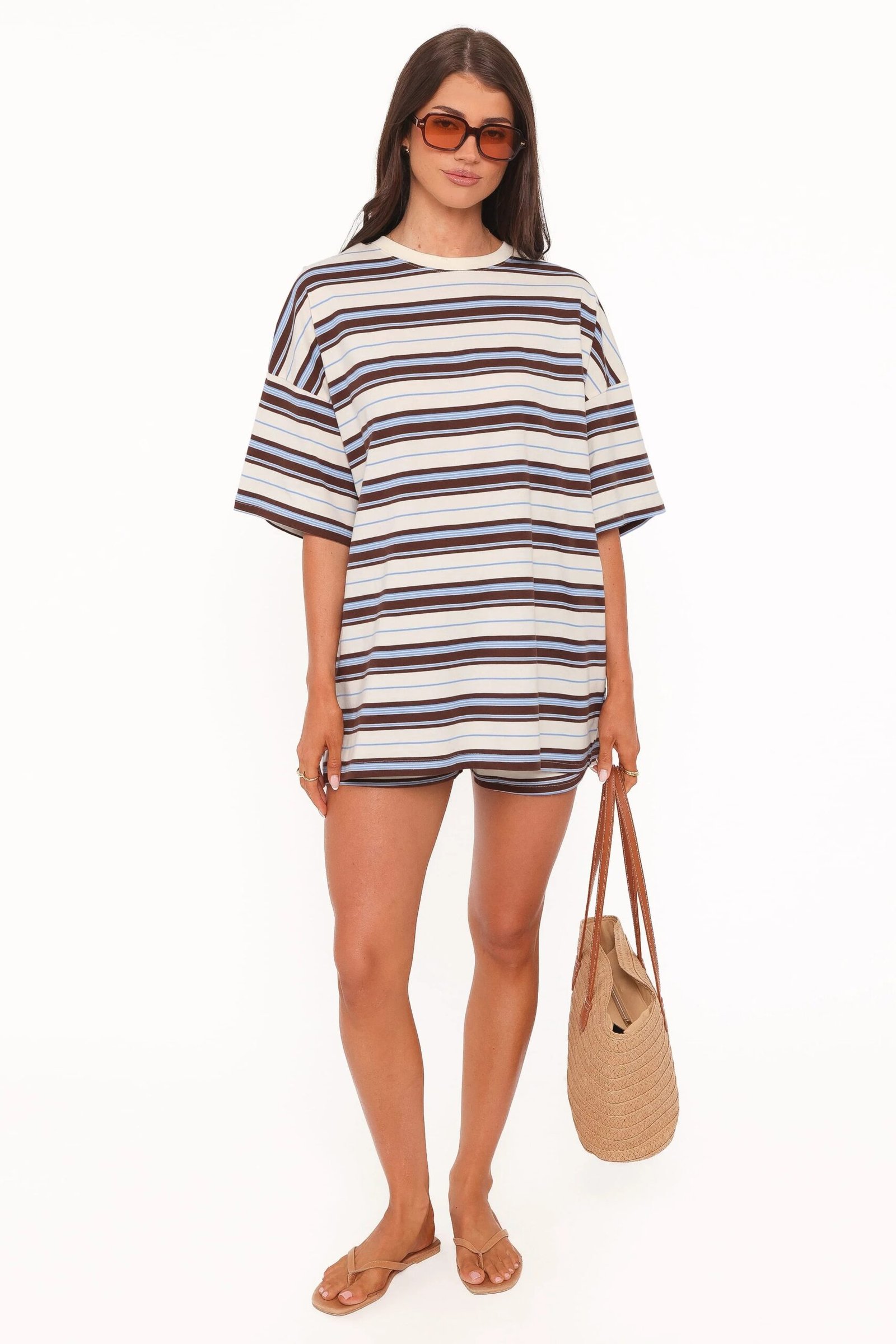 Striped Oversized Tee and High Rise Shorts Set with Drawstring Waist
